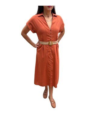 Women's Casual Button Down Dress V Neck Loose Long Dress Pockets with Belts